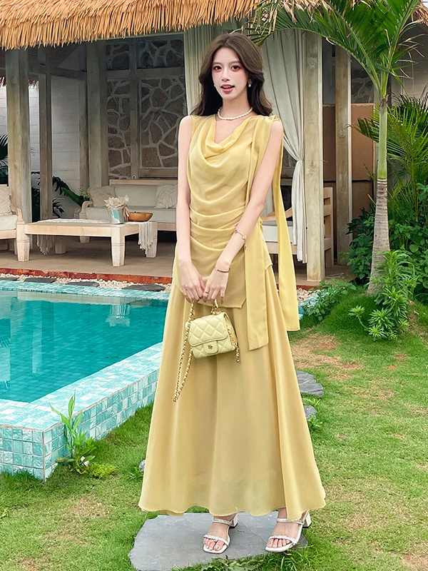 

Chic Summer Chiffon Set Women High Waist Draped Halter Neck Sleeveless Skirt Two Piece Set Elegant Vacation Style Fashionable