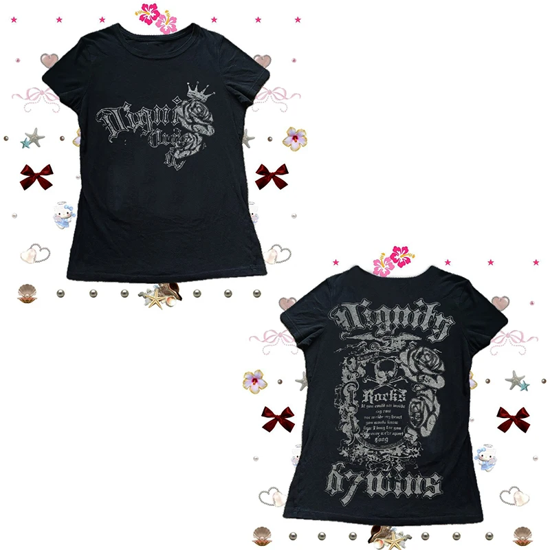 Totenköpfe Kleidung weibliche Grafik T-Shirts Y2k Frau Kleidung für Frauen Kawaii Goth Trashy Y2k 2000er Jahre Tops 90er Jahre Vintage Kleidung Emo Gothic