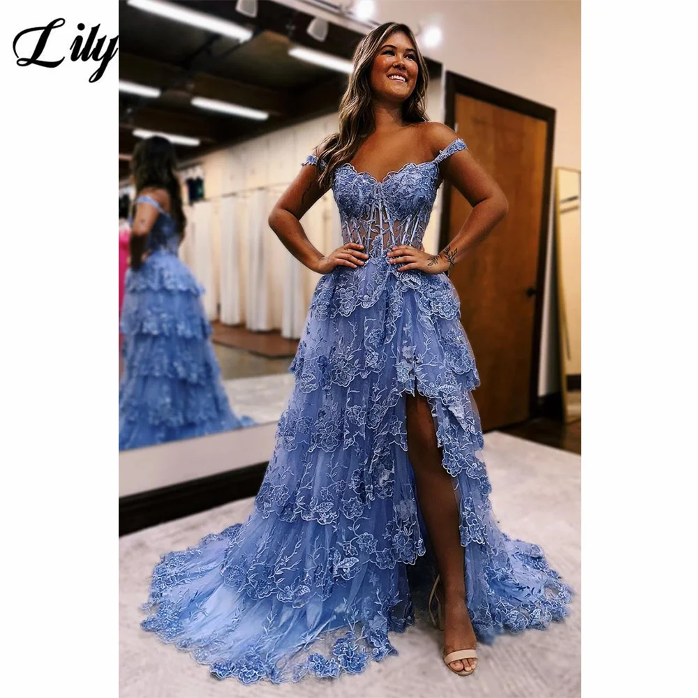 Lily-vestido Formal elegante negro, apliques de tul con hombros descubiertos, vestidos de graduación con abertura lateral alta, vestidos en capas para graduación personalizados