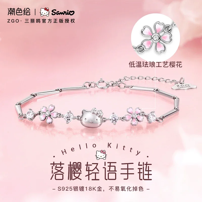 Genuine Sanrio Joint Hellokitty 925 Silver Cherry Blossom Bracelet Jewelry