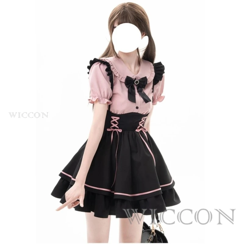 In Stock Jirai Kei Overall Dress Japanese Lolita Mine Style Pinafore Skirt Pink Kawaii y2k Kawai Sweet Bow Girly Belt Customized