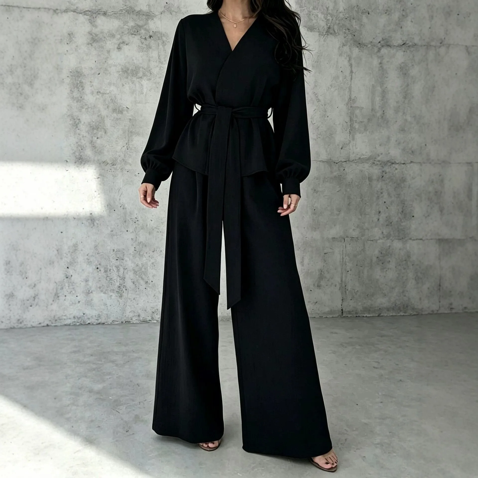 Tie Long Sleeve Set Full Length Literary Retro Style with Autumn Elegant Commuter Style Casual Lantern Sleeve Spring Set Women