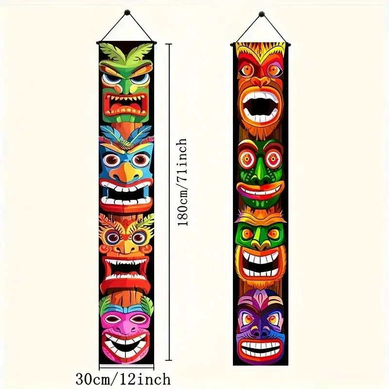 2 Stück, 2D-Türflagge, hawaiianisches Tiki-Totem-Türflaggen-Logo, Polyester Aloha Luau Tropical Mona Geburtstagsparty-Dekoration – Detail 5