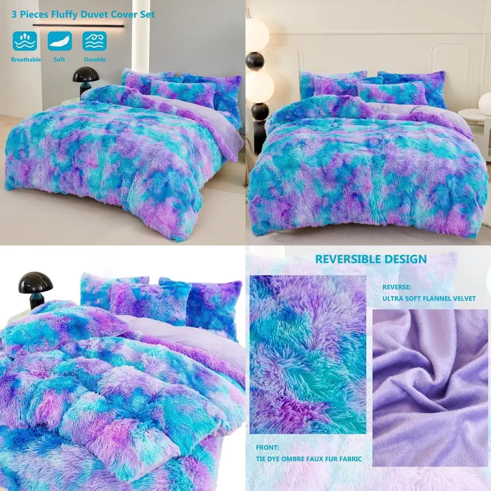 

Бархатный комплект одеял Queen Size с плюшевым принтом тай-дай, лохматый пушистый пододеяльник и 2 наволочками (синий фиолетовый)