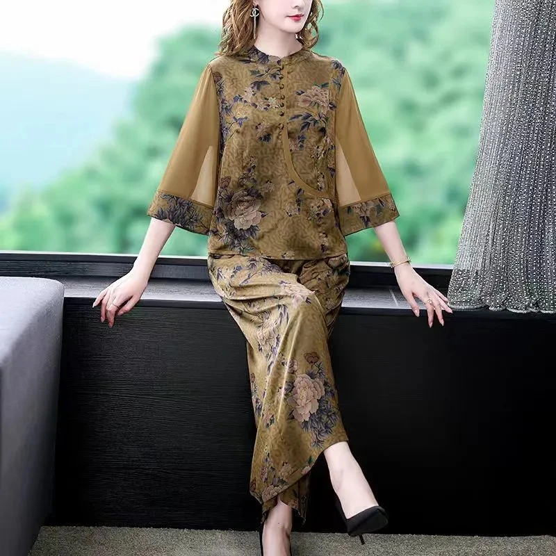 Silk Suit Summer Mother's New Retro Cheongsam Shirt Tops + Printing Pants Two Piece Set Elegant Wide Leg Pants Women Outfit 6XL