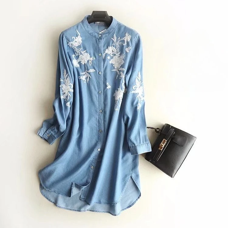

Denim Dress Women Shirt Dresses Vintage Flower Embroidery Single Breasted Round Collar Washed A Line 2025 Streetwear Vestidos