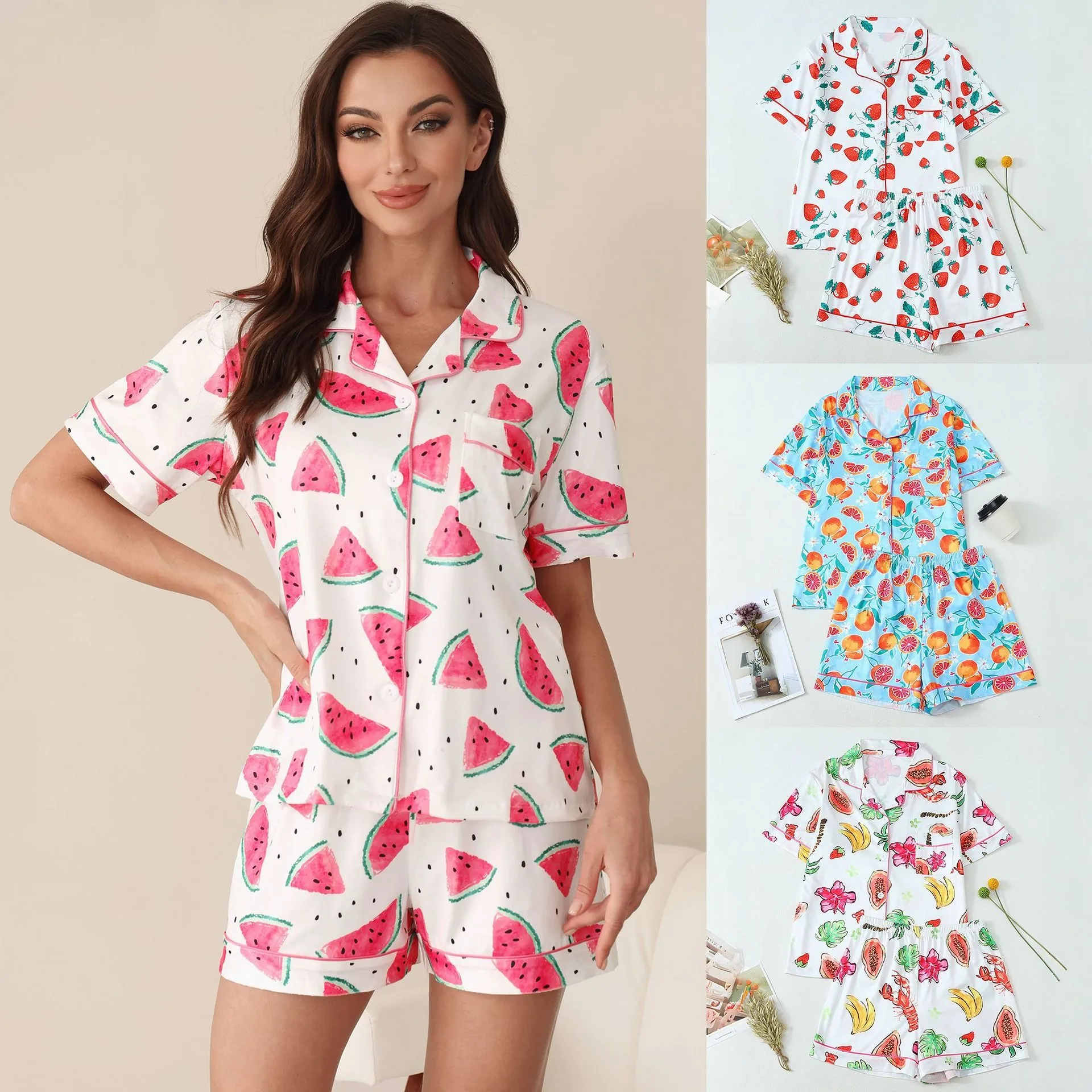 

Women's Summer ort Sve Cardigan orts Home Suit Set Thin Milk Silk Fabric Small Flip Collar Can Be Worn outside