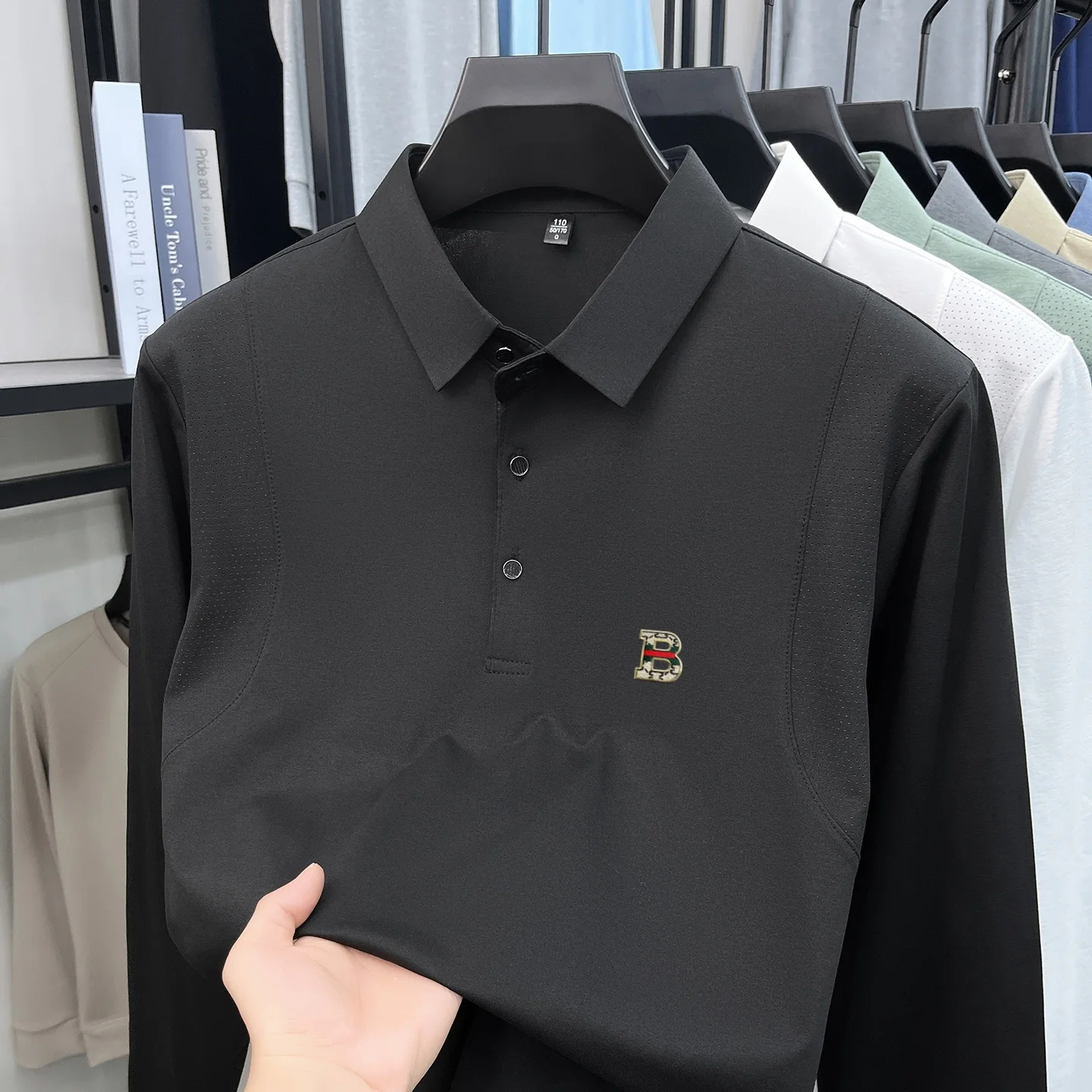 High Quality Brand Men's Long sleeved polo shirt fashion new simple letter B decal design casual comfortable breathable T-shirt