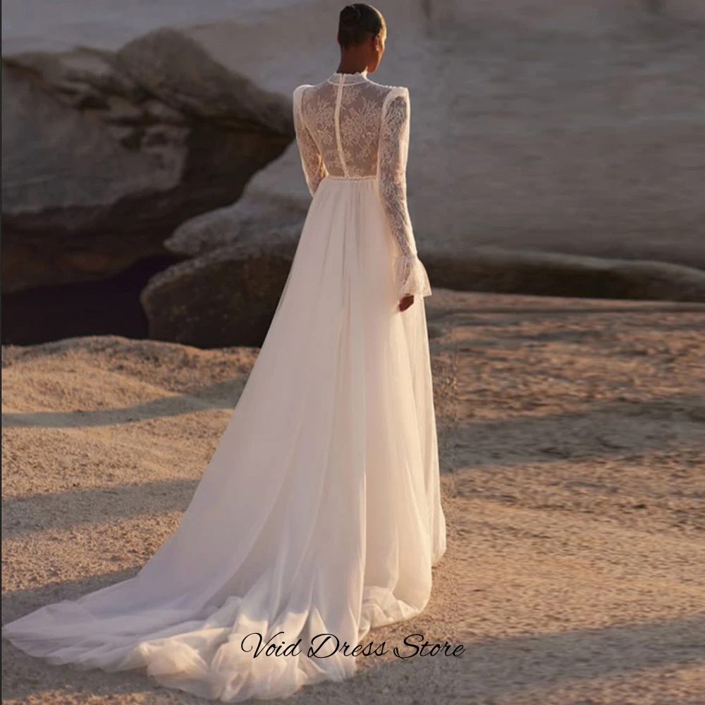 High Collar Long Sleeves Wedding Dress with Side Slit Elegant Mermaid Lace Bridal Gowns High Quality Tulle Vestido De Novia