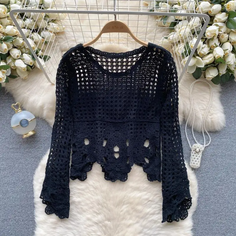 Luxurious Heavy Embroidered Openwork Irregular Hem Short Top  Women Vacation Style Cover-up T-shirt