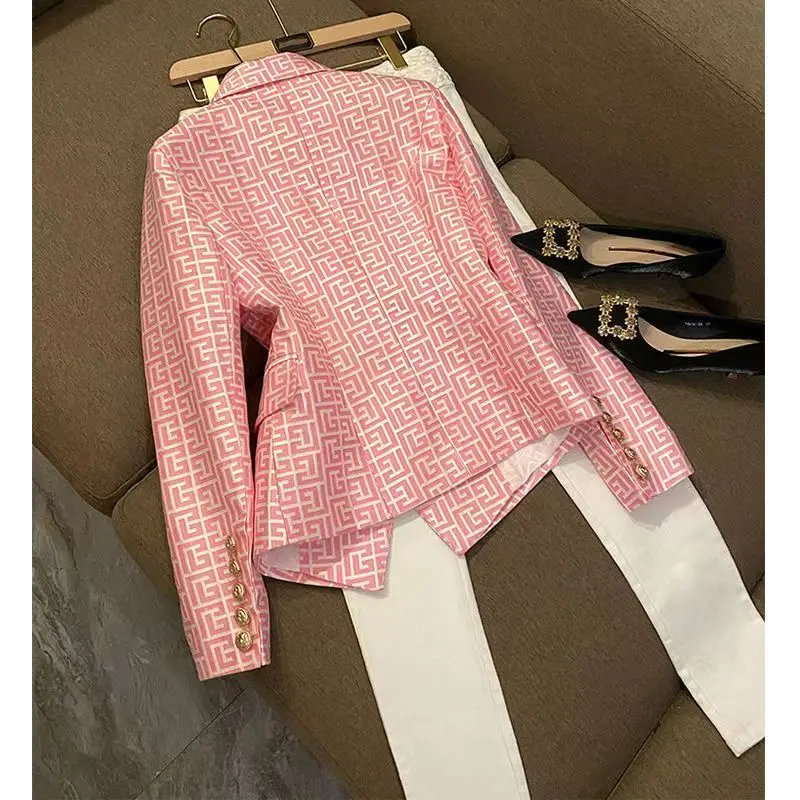 French Fashion Double Breasted Geometric Print Slim Blazer Suit Jacket Women Long Sleeve Y2k Aesthetic Office Lady Formal Coat