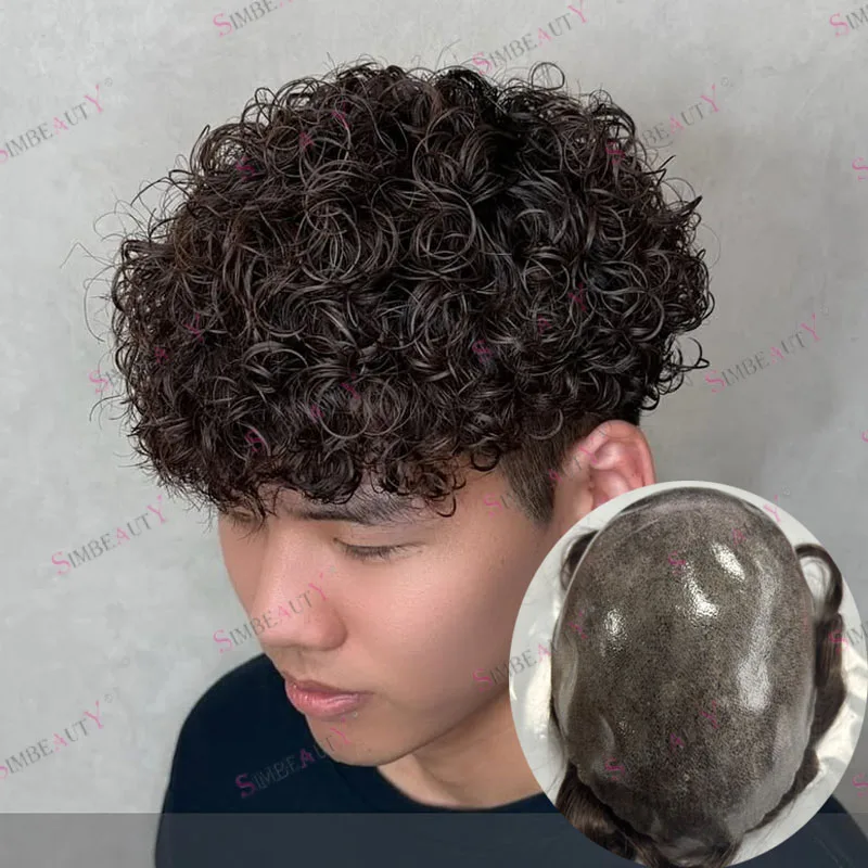 

Супер прочные дешевые мужские вьющиеся парики 18 мм, система капиллярного протеза, тонкая кожаная основа, мужской парик, естественная линия волос, человеческие волосы Remy