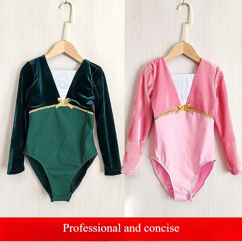 THEEPER Leotardo de Ballet de Terciopelo para Niñas, Traje de Danza con Lazo Decorativo, Ropa de Ballet Infantil
