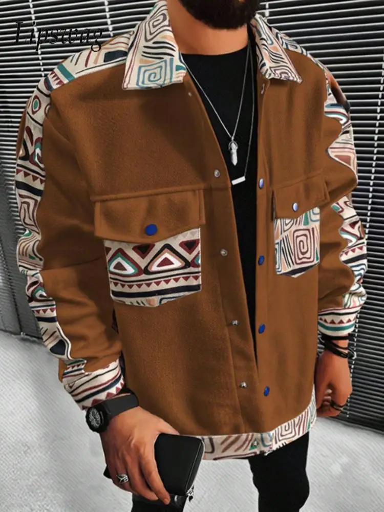 

Этнические винтажные шерстяные куртки с геометрическим рисунком, мужская модная куртка на пуговицах с отложным воротником, пальто, мужская осенне-зимняя повседневная верхняя одежда