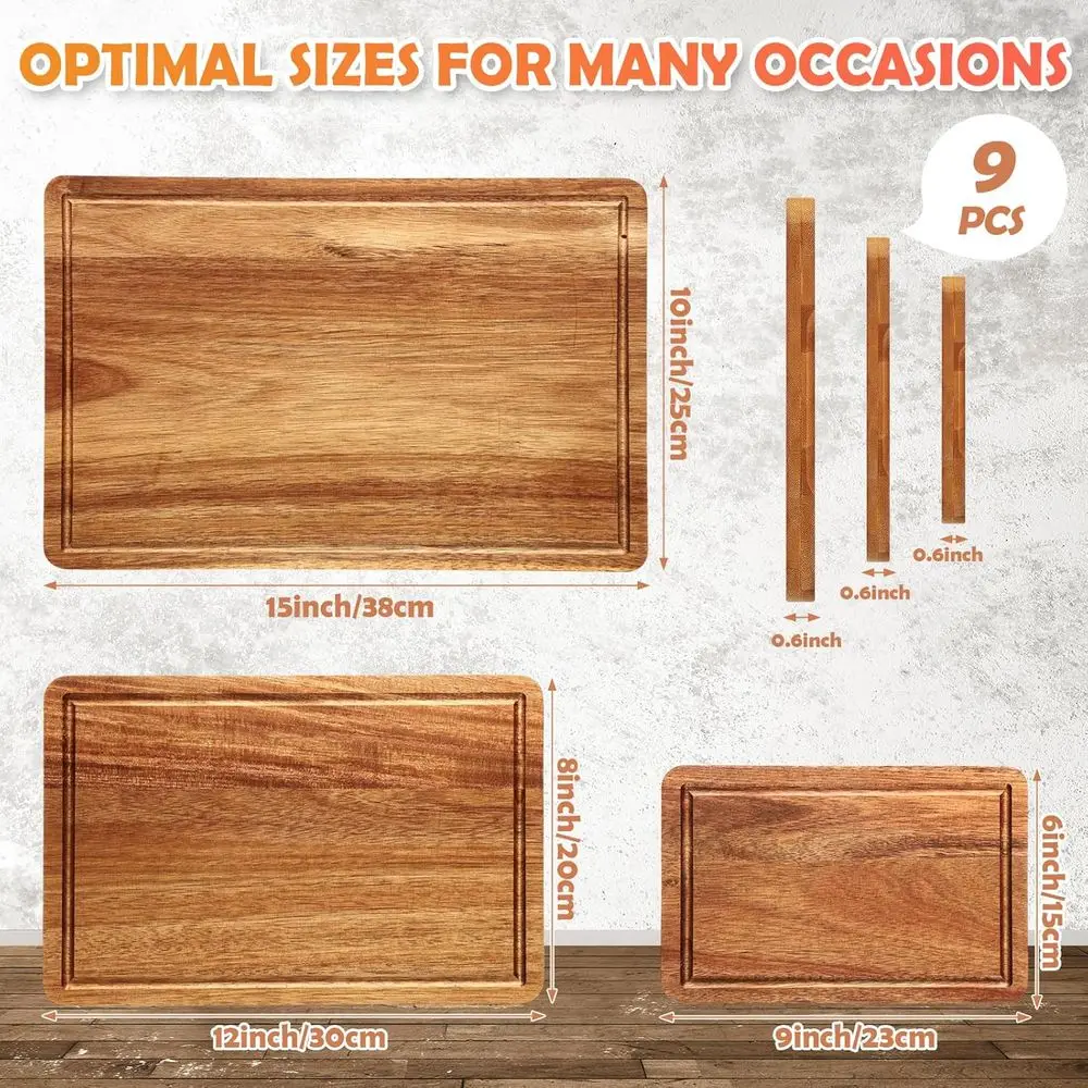ألواح تقطيع المطبخ من خشب السنط - 3 مقاسات مع أخاديد العصير ومقابض للحوم والخضروات والهدايا