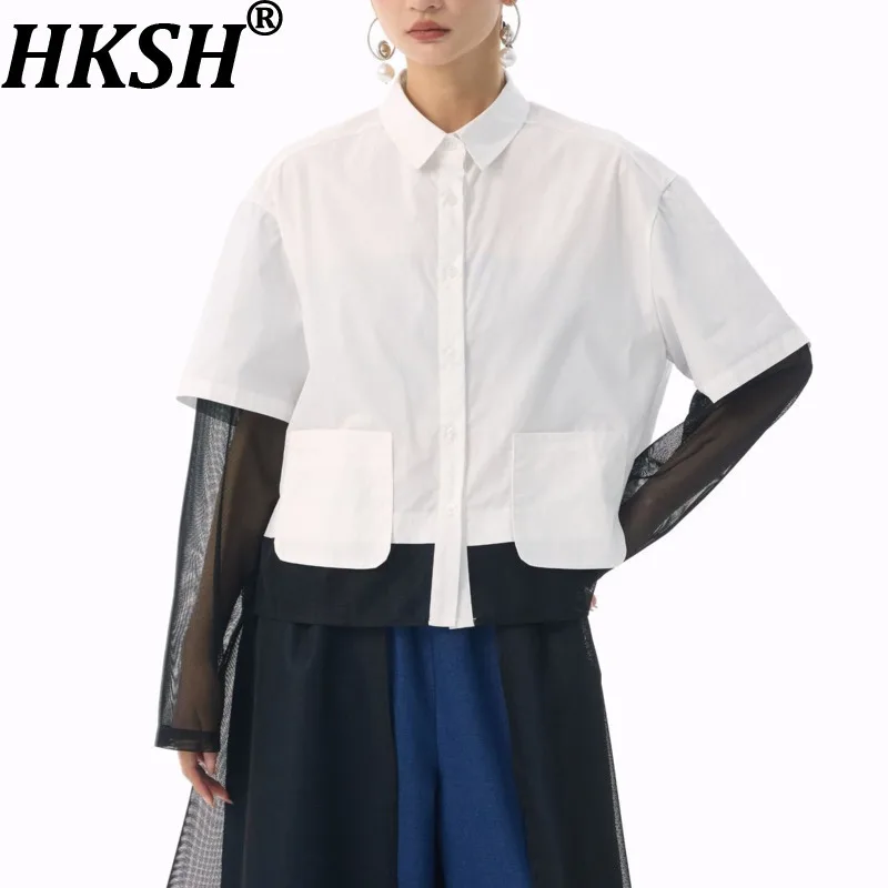 

HKSH Spring Autumn New Women Shirt Long Sleeve Patchwork Mesh Turn-down Collar Single Breasted Pockets Chic Trend Blouse HK16089