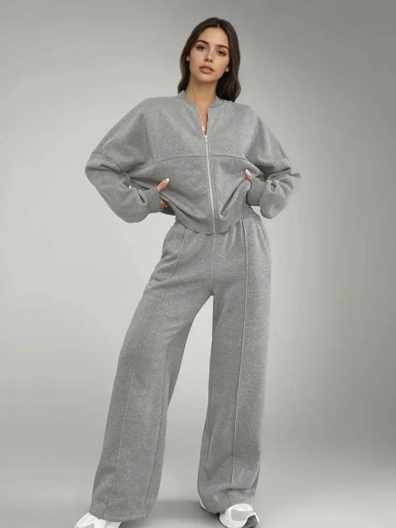 

Women's autumn and winter gray fashionable casual sportswear two-piece set, long sleeved top and pants, suitable for daily