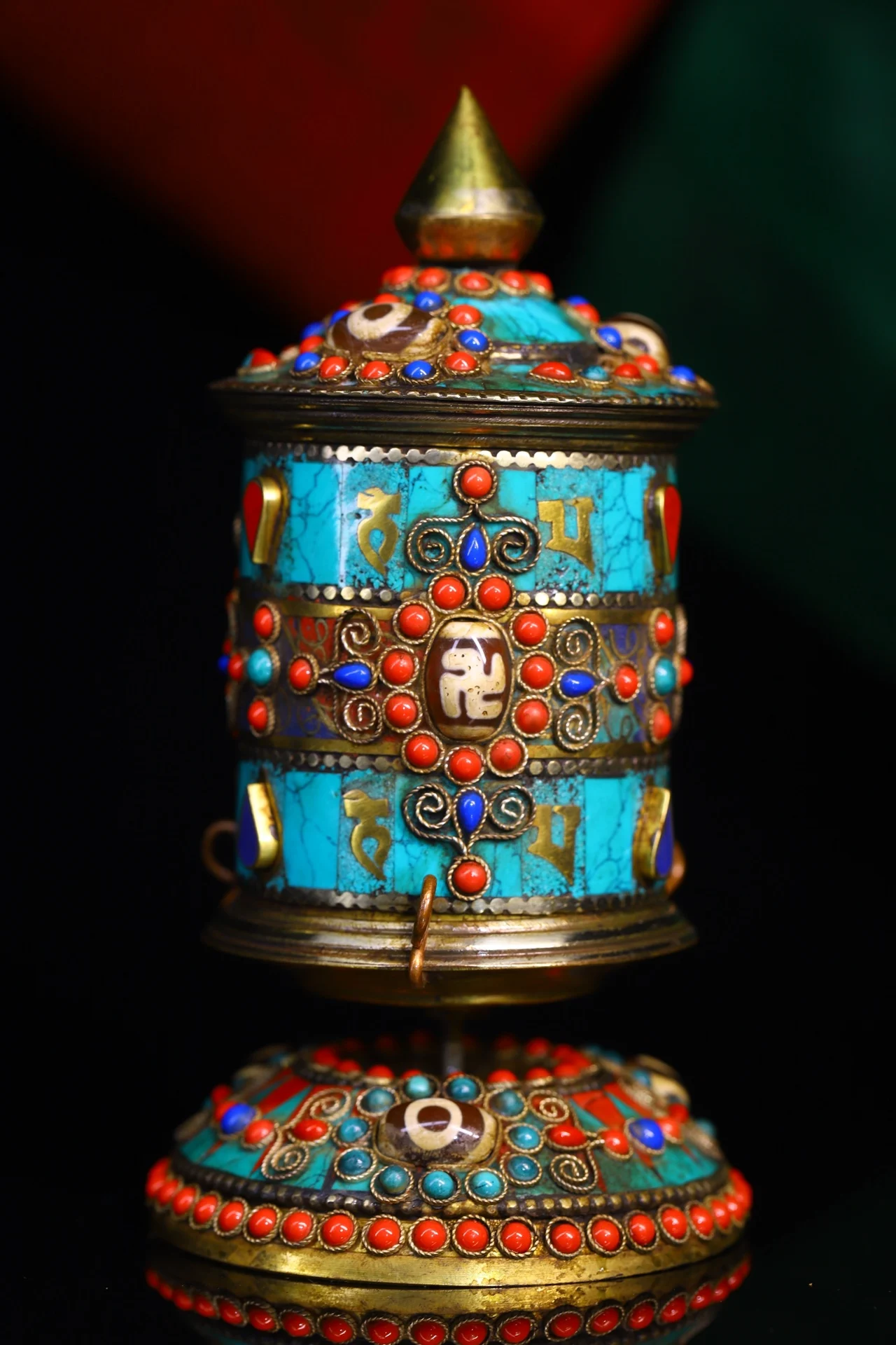 

6"Tibetan Temple Collection Old Bronze Mosaic Gem gZi Beads Turquoise Six Character Proverbs Prayer Wheel Old Scriptures