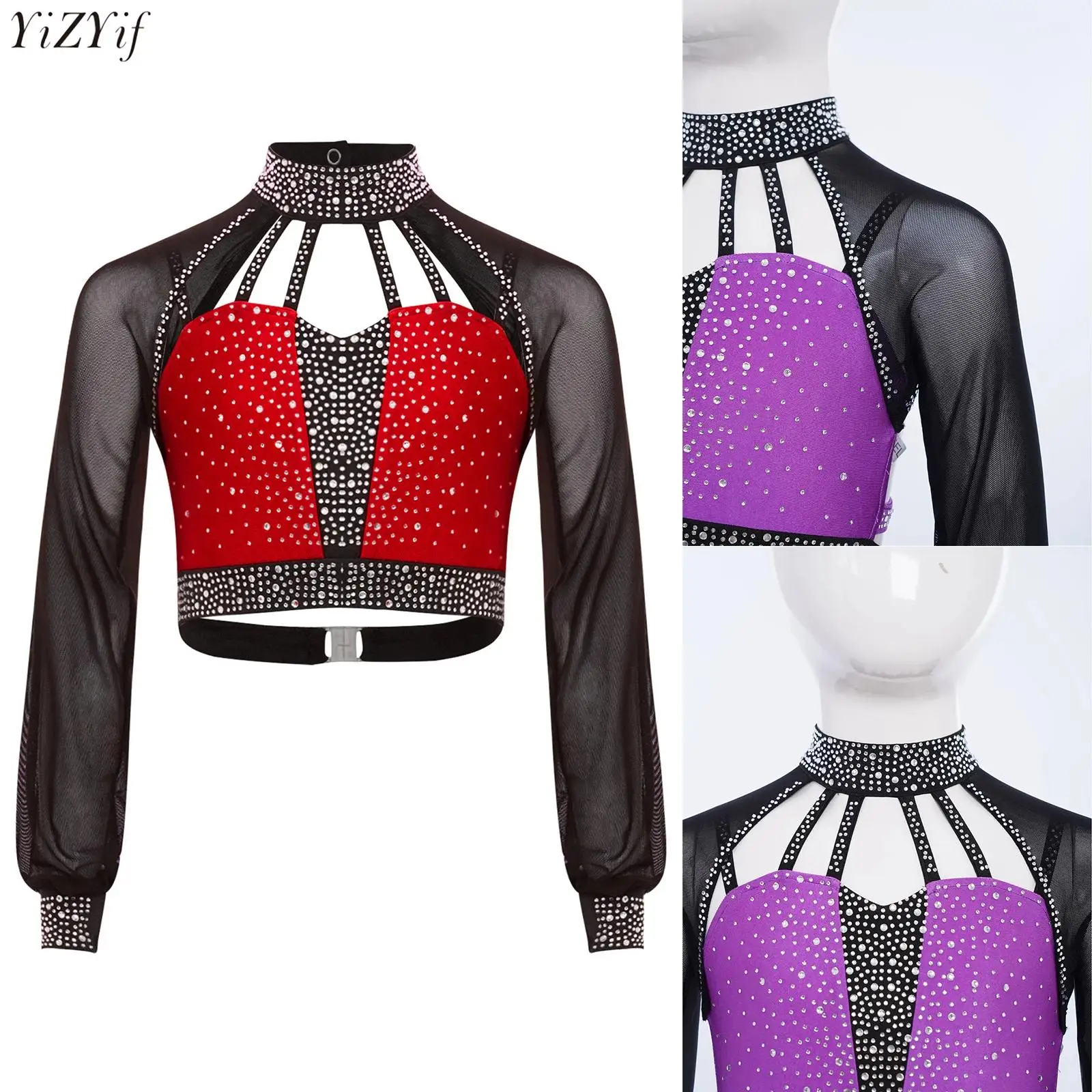 

Shiny Rhinestones Latin Jazz Dance Top for Kids Girls Long Sleeves Sheer Mesh Color Block Shirt Figure Skating Dance Crop Tops