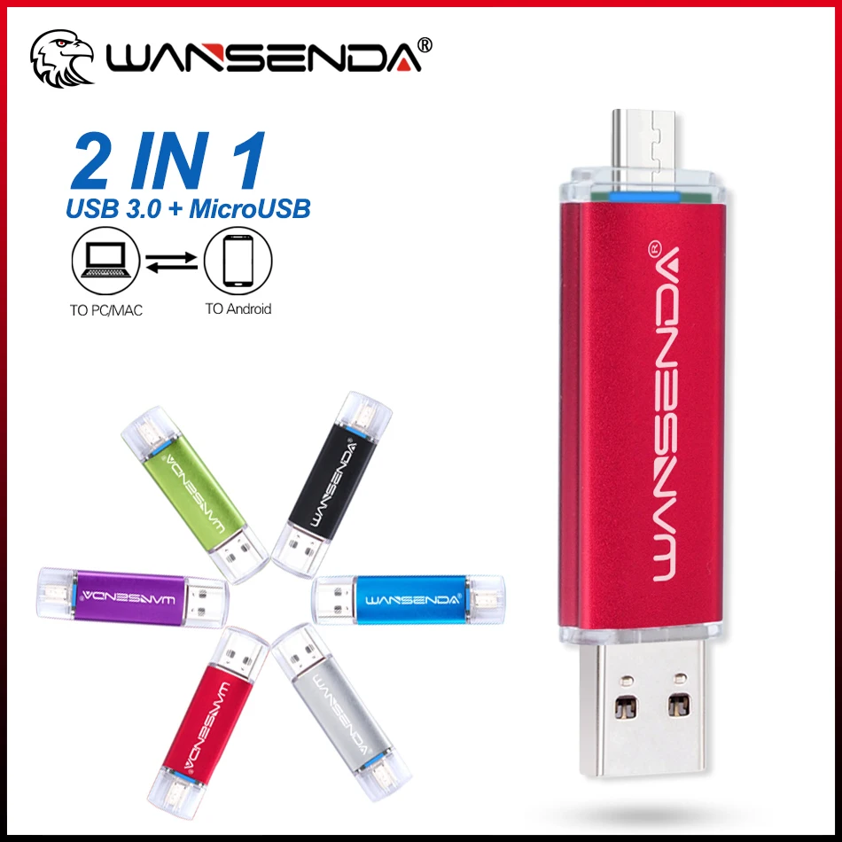 

WANSENDA USB 3.0 Flash Drive OTG Pen Drive 16GB 32GB 64GB Memory Stick 3.0 128GB 256GB 2IN-1 Pendrive for MicroUSB Android/PC