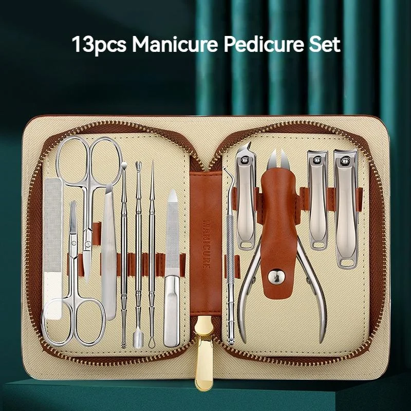 13 in 1 Manicure Set Professional Practical Pedicure Kit with Leather Case Stainless Steel Nail Clippers Facial Makeup Care Tool