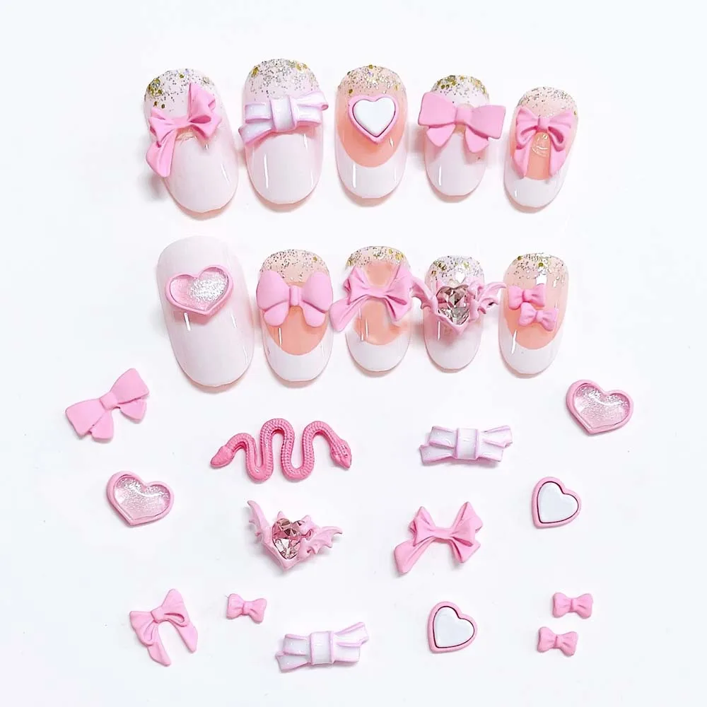 10Pcs Cream Pink Bowknot Nail Art Charms 3D Alloy Cute Pink Heart Bear Snake Nail Rhinestone Kawaii DIY Manicure Accessories