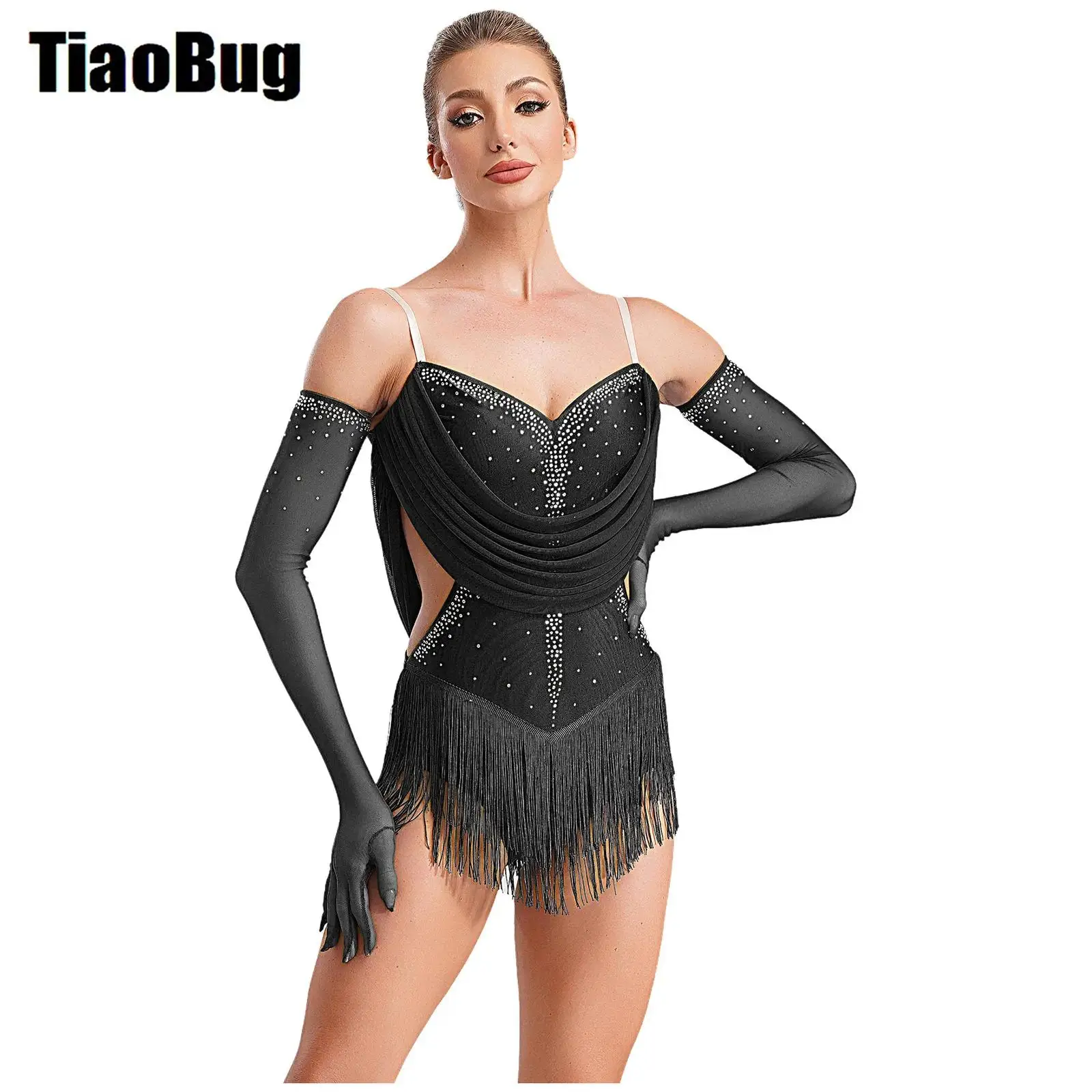 

Womens Tassel Jazz Latin Dance Leotard Dress Glittery Rhinestones Adjustable Straps Cutout Fringed Bodysuit with Gloves