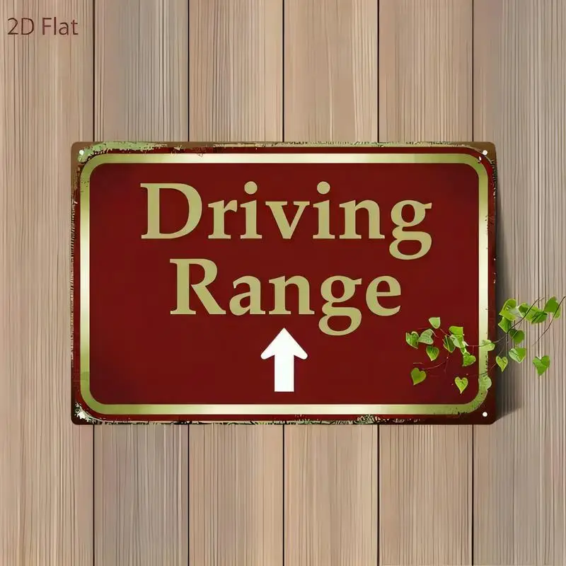 Driving Range Vintage Metal Tin Sign - Retro Wall Art (Gold Lettering, White Arrow, Green Vine), Red/Gold, Iron, Perfect for Gol