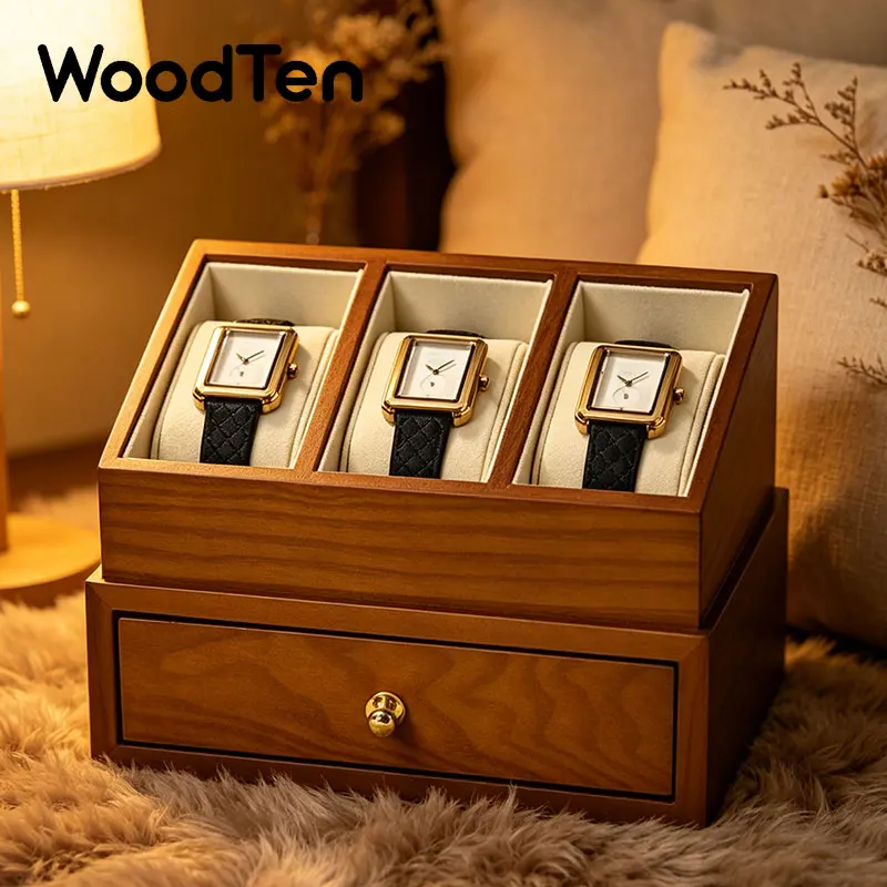WoodTen Watch Box Double-layer Jewelry Organizer Wrist Watch Storage Box Dust-proof Transparent Cover Jewelry Display Box