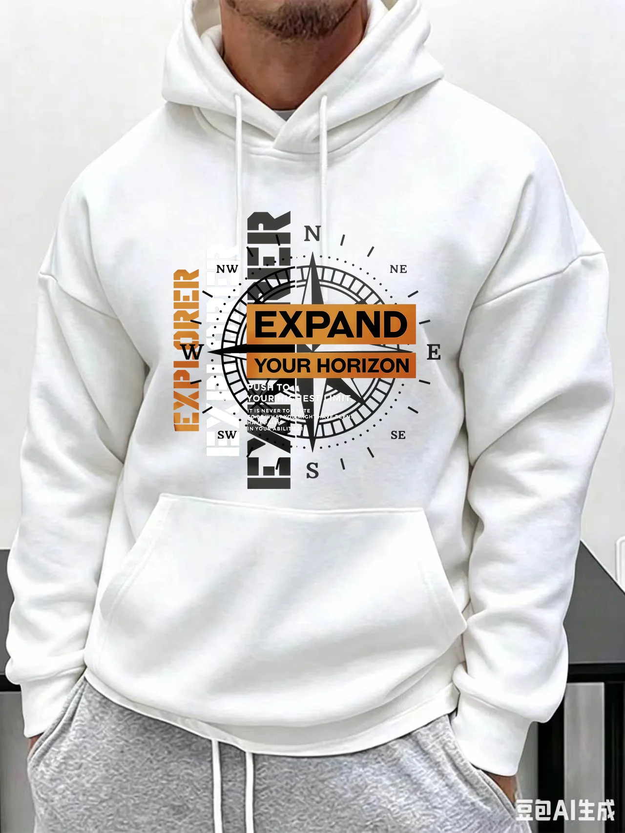 Outdoor motivational men's pullover hooded sweatshirt with retro compass-shaped letters print and casual long-sleeved top