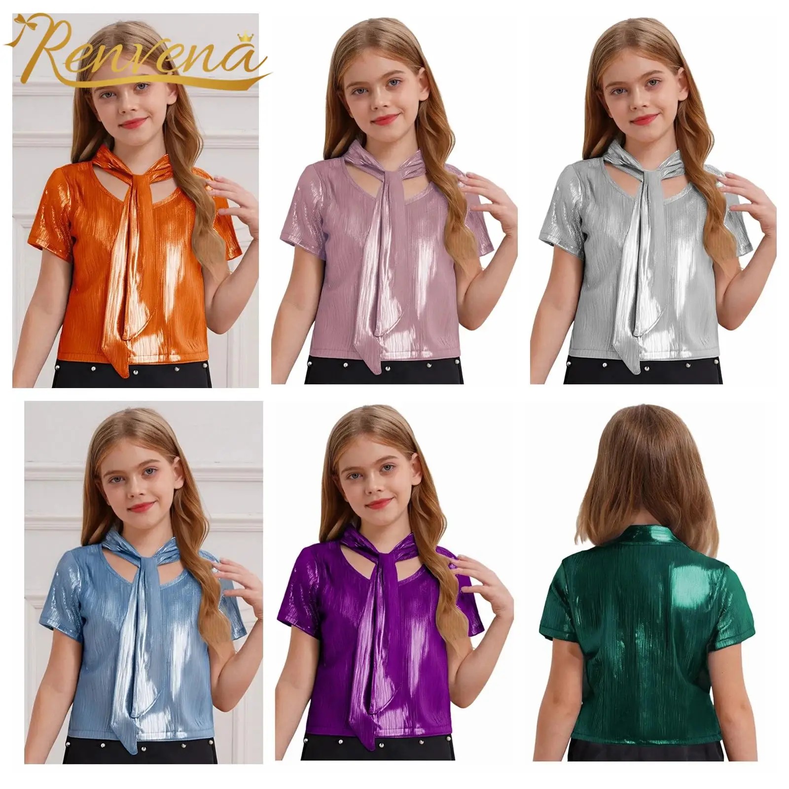 

Lace Up Children's T-shirts Fashion Girls Clothes Summer Metallic Hip-Hop Tops Short Sleeve T-shirt Disco Dance Party Clothes