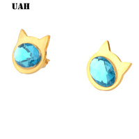 UAH High Quality Stainless steel  Earring Fashion Cute Tiny Blue Crystal  Cat Stud Earrings Gift For Women Girls Gift