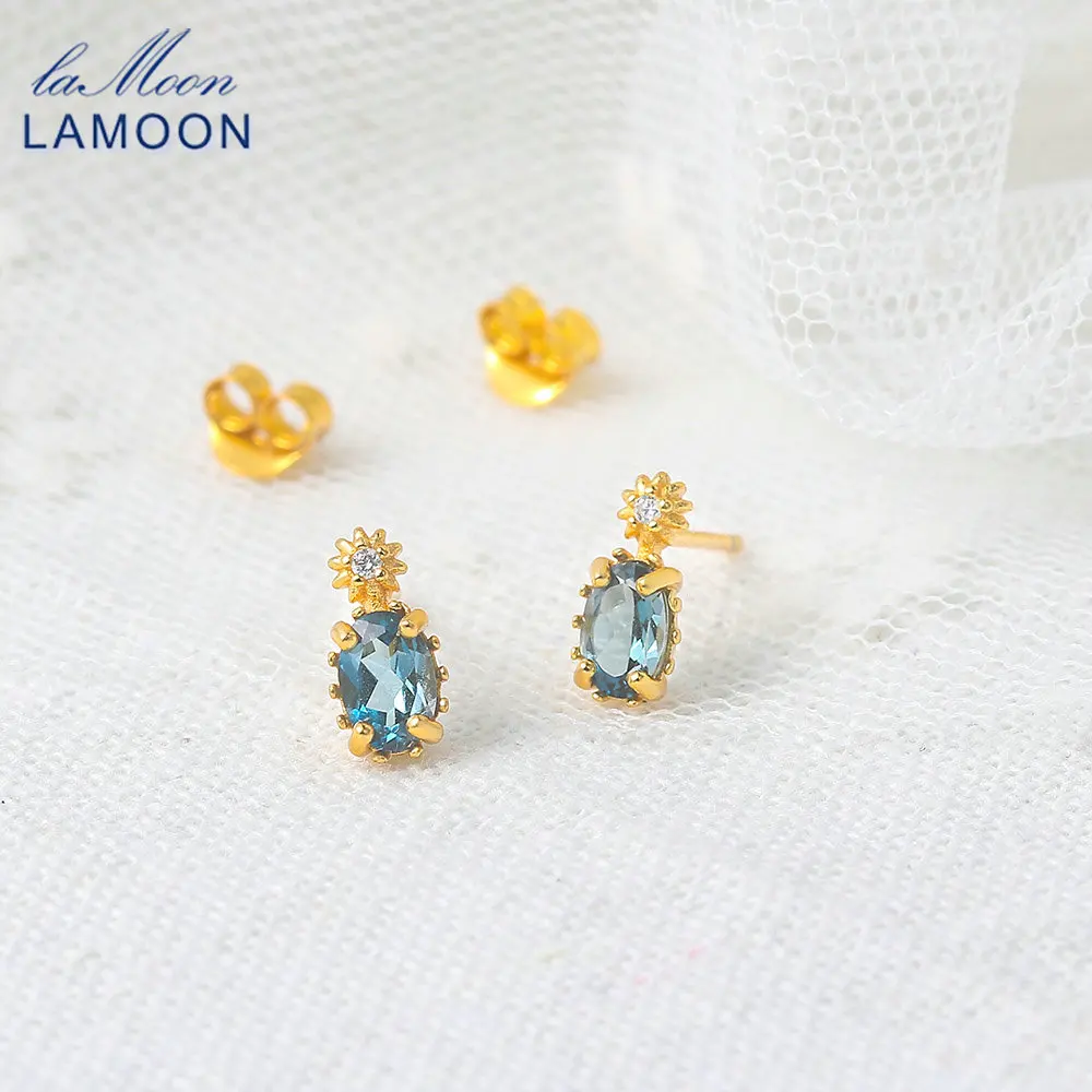 LAMOON Vingtate 925 Silver Stud Earrings For Women Natural London Blue Topaz Mini Earring 14K Gold Plated Fine Jewelry LMEI127