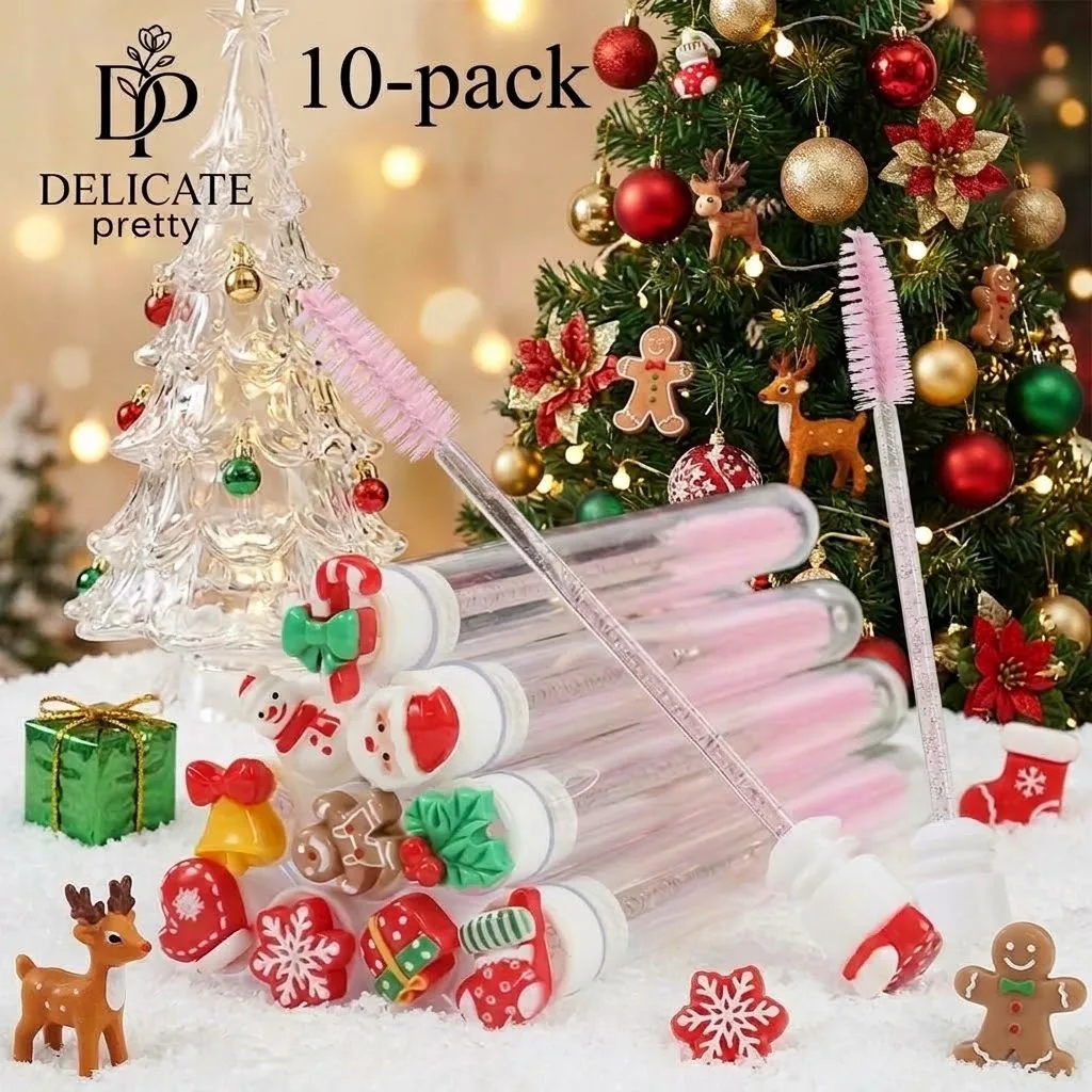 10-teiliges Weihnachts-Wimpernpinsel-Set – Mascara-Zauberstab im Weihnachtsmann-Schneeflocken-Design, Augenbrauenkamm, Make-up-Applikator – festliches Schönheitsgeschenk