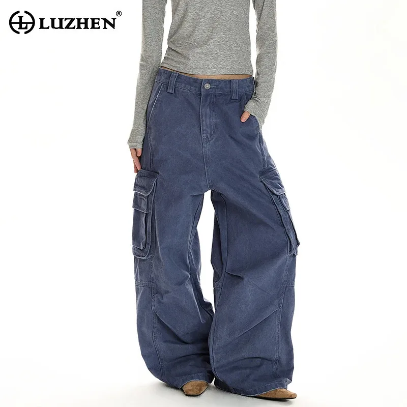 

LUZHEN 2026 Новые модные повседневные брюки свободного кроя с множеством карманов, стильные мужские широкие брюки-карго однотонного цвета JY6228