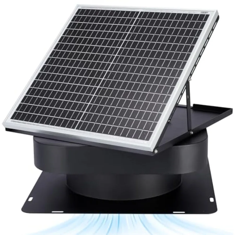 Solar attic fan for home and garage ventilation, aluminum alloy 5-blade fan, black, controller-free automatic operation, ventil