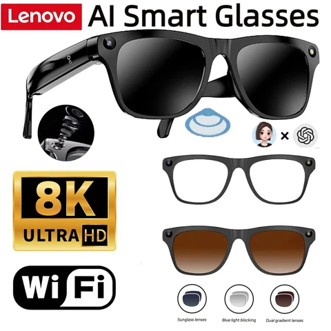 Óculos Inteligentes Lenovo com Memória de 32G, Câmera 4K, Bateria de 3600mAh, Tradução em 120+ Idiomas, Óculos AI para Homens e Mulheres