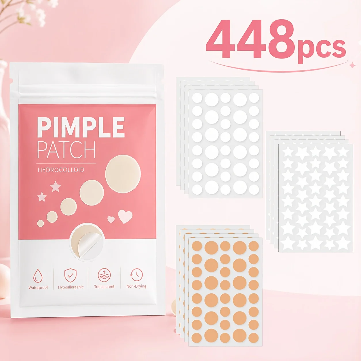 448PCS Hydrocolloid Pimple Patches, Star & Round Face Stickers, Invisible Blemish Cover Patches for Men Women, Party Use