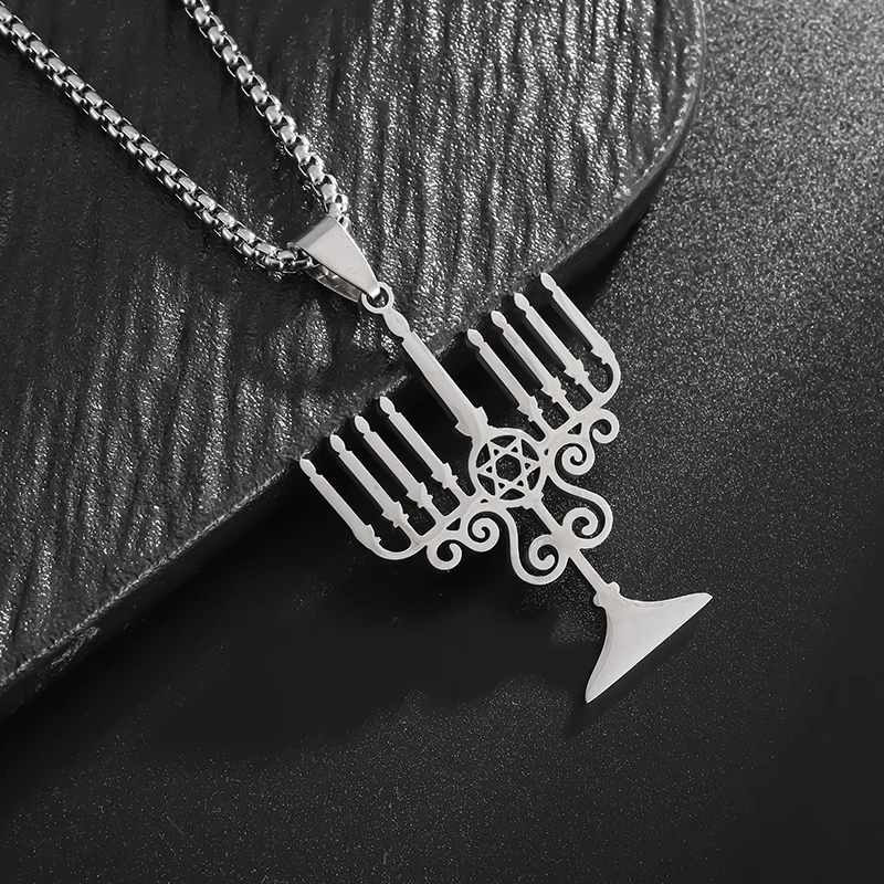 Stainless Steel Jewish Menorah Star of David Pendant Judaism Hebrew Faith Lighting Amulet Necklace for Women Men Elegant Jewelry