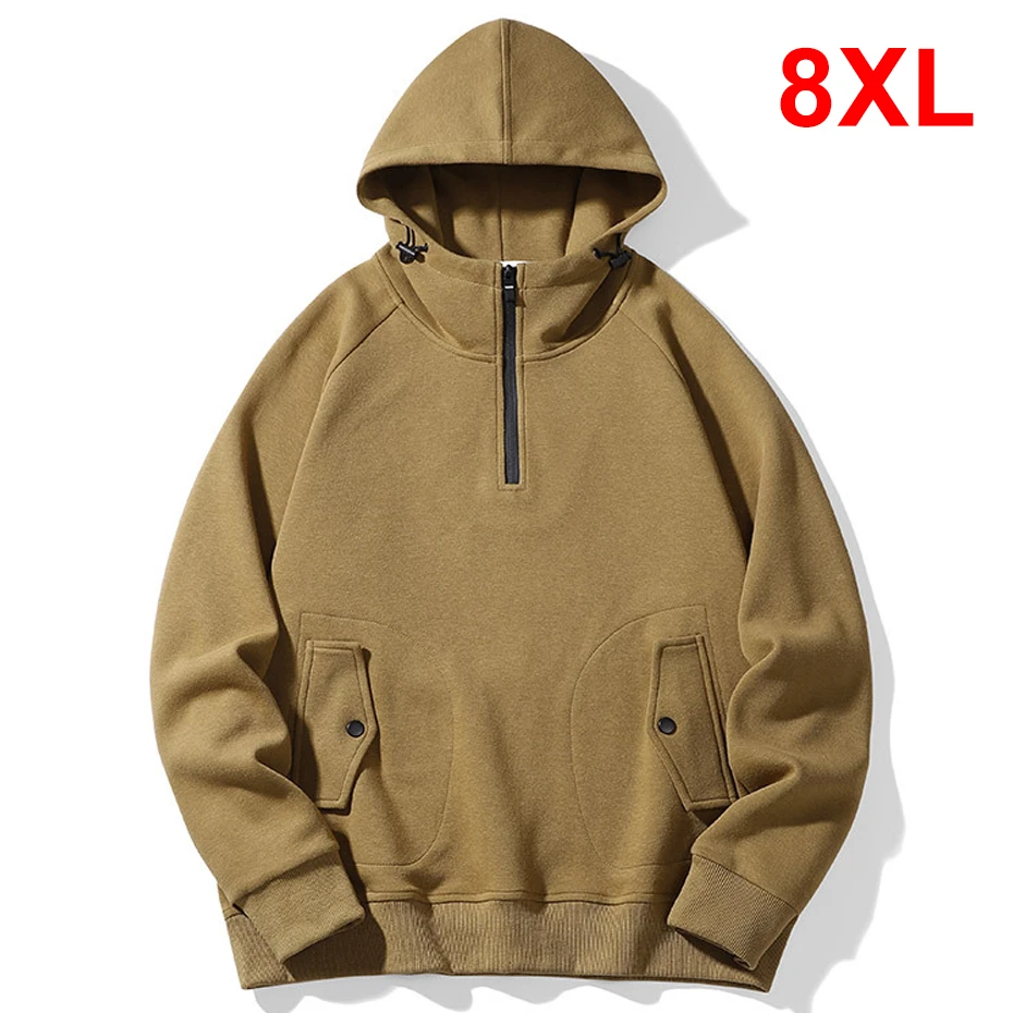 Solid Color Hoodies Men Vintage Half Zipper Hoodies Plus Size 8XL Spring Autumn Hooded Sweatshirt Big Size 7XL 8XL