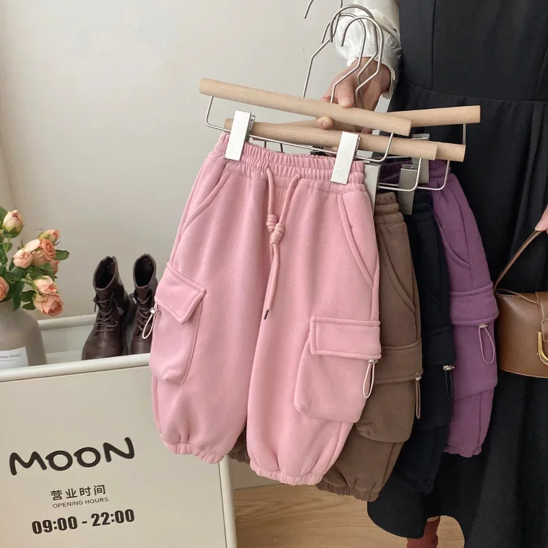 Girls Velvet Pants Autumn Styles Wearing Outside Children One Piece Velvet Casual Sweatpants Baby Thick and Warm Work Pants