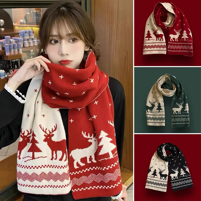 Deer Elk Knitted Scarf for Women Men Double-Sided Woolen Scarves Winter Warm Windproof Shawl Fashion Versatile Christmas Present