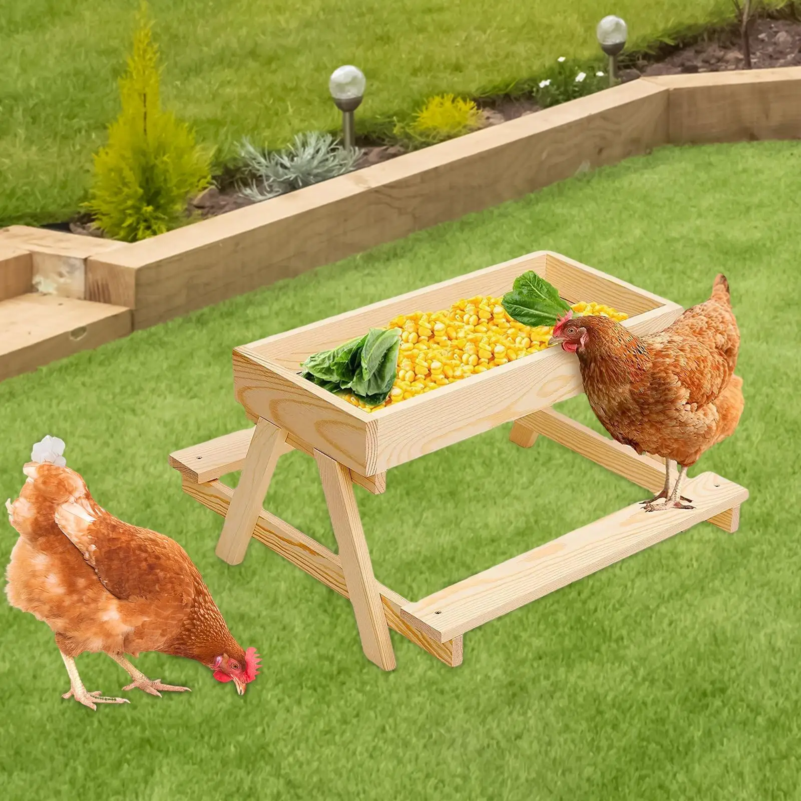 

DIY Wooden Chicken Picnic Table Feeder Kit Handmade Multipurpose with Bench