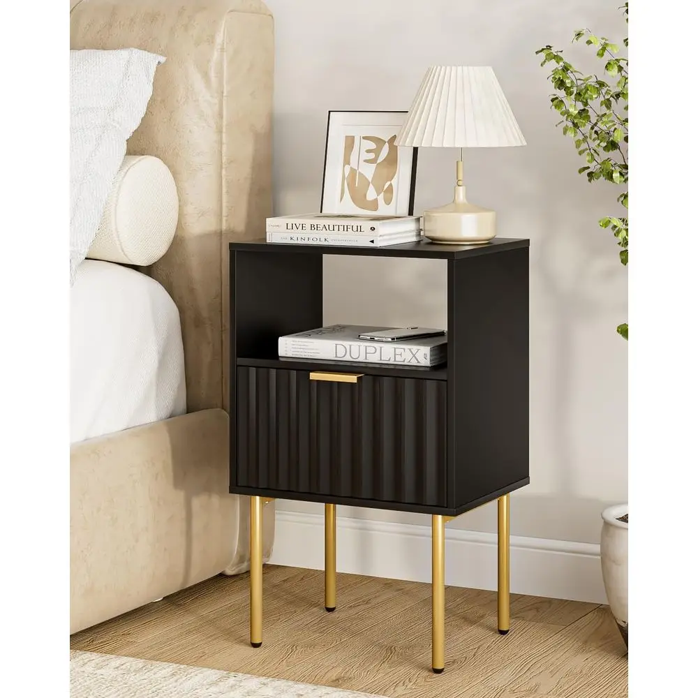 

Night Stand With Charging Station, Fluted Bedside Table With Storage Drawer And Open Wood Shelf, End Table With Gold Frame For