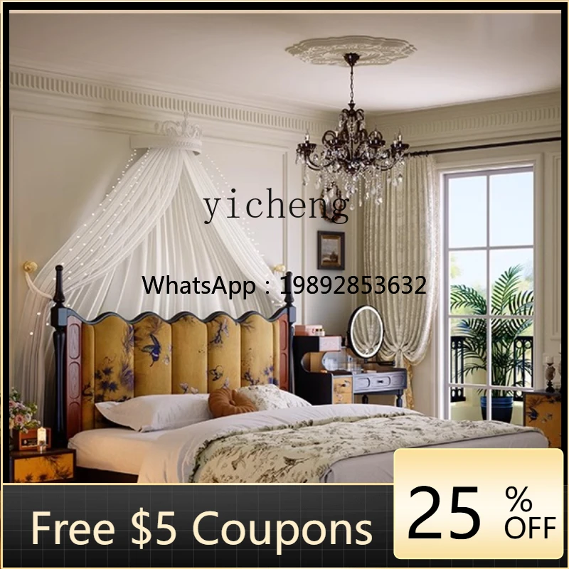 

R2 retro solid wood bed master bedroom double bed antique fabric soft bag bed