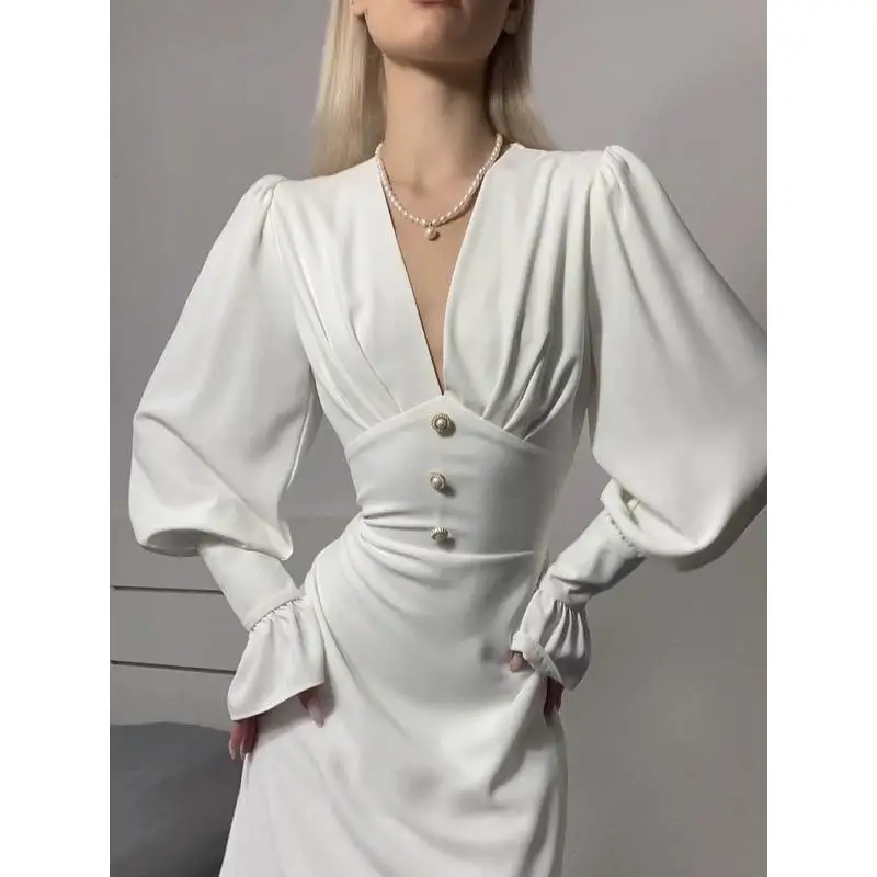 تنورة نسائية أنيقة بقصة A-line من الشيفون بياقة على شكل V وخصر متوسط وأكمام طويلة بتصميم عصري لفصلي الربيع والصيف #2