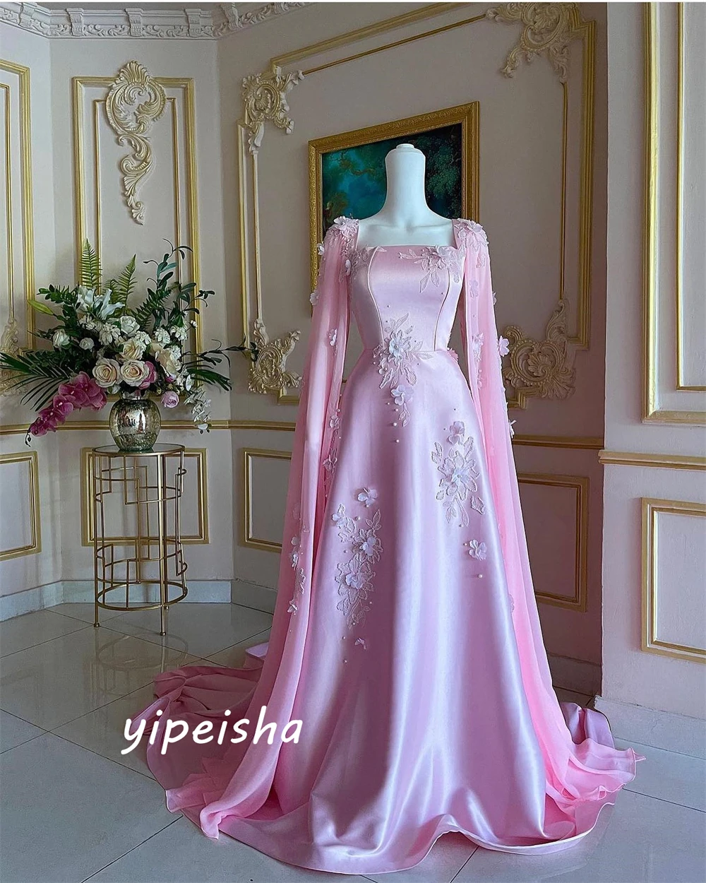 Customized Exquisite Matching Square Ball gown Formal Ocassion Gown Beading Flower Floor length Skirts Charmeuse Evening Dress ف