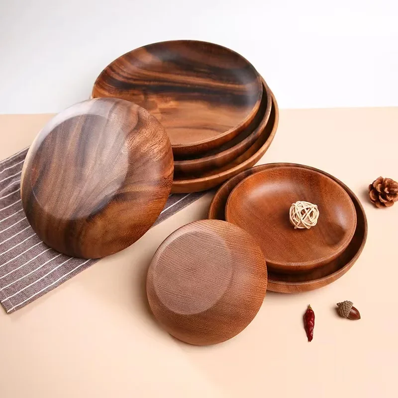 

Wood Round Fruit Dish Household Dim Sum Fruit Salad Dish Baby Fall Proof Wooden Bowl Whole Japanese Acacia Wood Thickened Dish