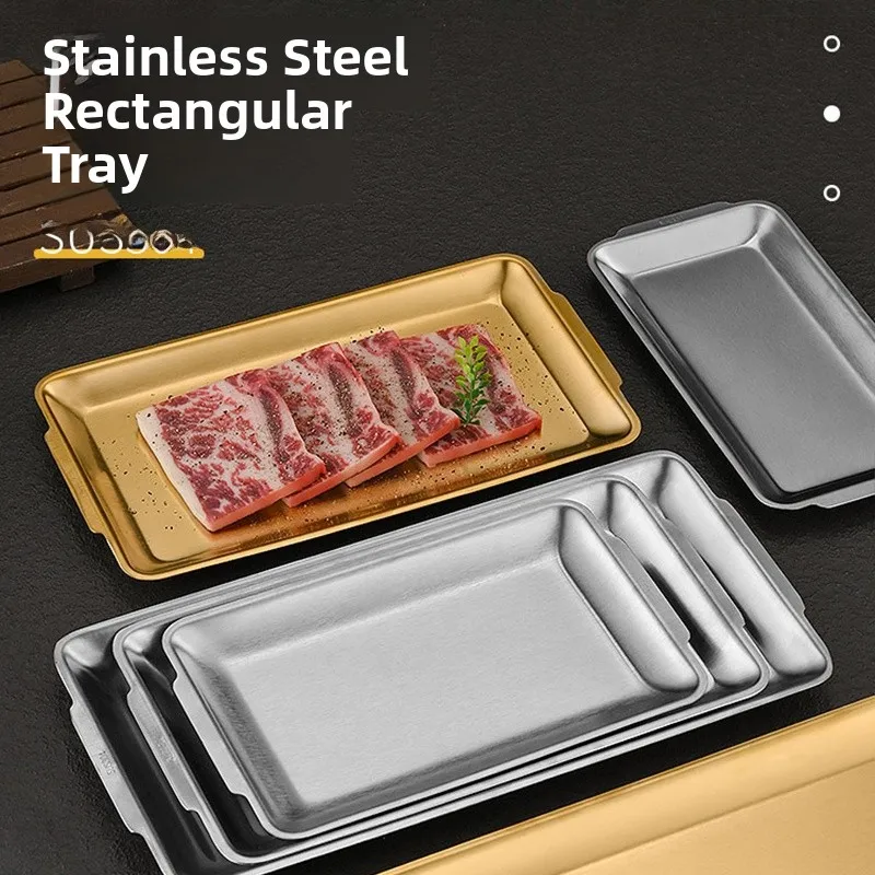 

Корейский прямоугольный противень из утолщенной нержавеющей стали 304, для барбекю, с плоским дном, для коммерческого использования, золотистый, для жарки