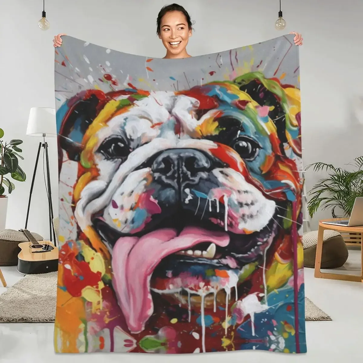 

English Bulldog Flannel Blanket Oil Painting Animal Super Warm Throw Blanket for Couch Bed Picnic Funny Bedspread Sofa Bed Cover